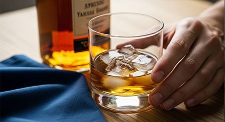 Мужская рука тянется за стаканом виски